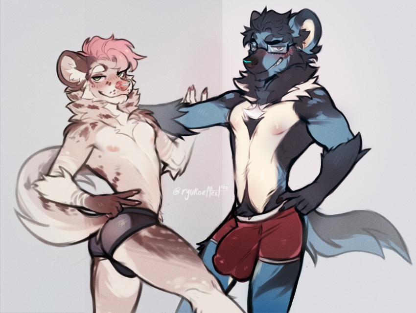 anthro areola black_body black_fur black_hair blue_body blue_fur blush boyfriends bubble_butt bulge butt clothing duo eyewear fabo_(fabomonster) fur glasses green_eyes hair hi_res hyena looking_back luke_(mallowhyena) male male/male mammal markings neck_tuft nipples pastel_colors pink_areola pink_hair pink_nipples pink_nose red_eyes ryukoeffect simple_background size_difference skinny small_waist smaller_male smile spots spotted_markings tail tan_body tan_fur tuft underwear white_chest