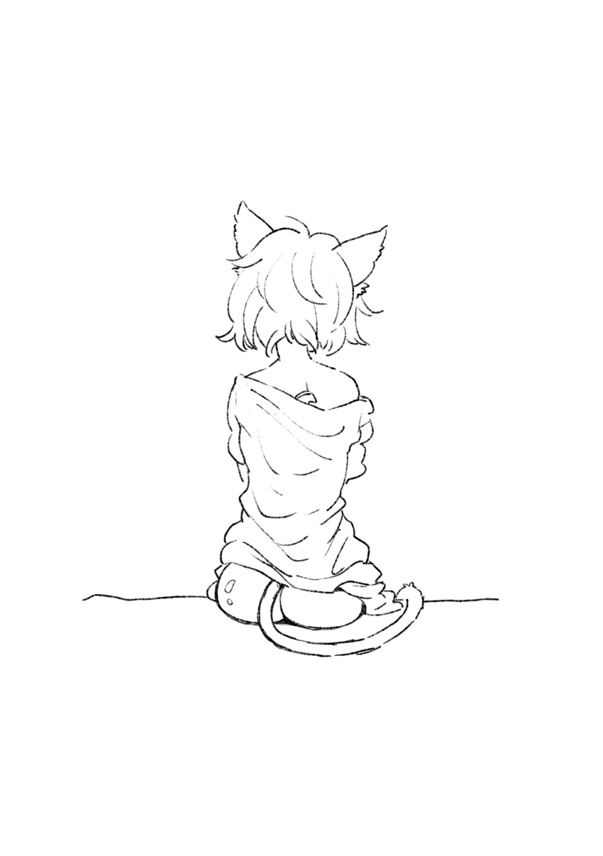 1girl animal_ears ass bottomless cat_ears cat_girl cat_tail commentary eroiroe highres lineart monochrome off_shoulder original shirt short_hair single_bare_shoulder sitting solo t-shirt tag tail