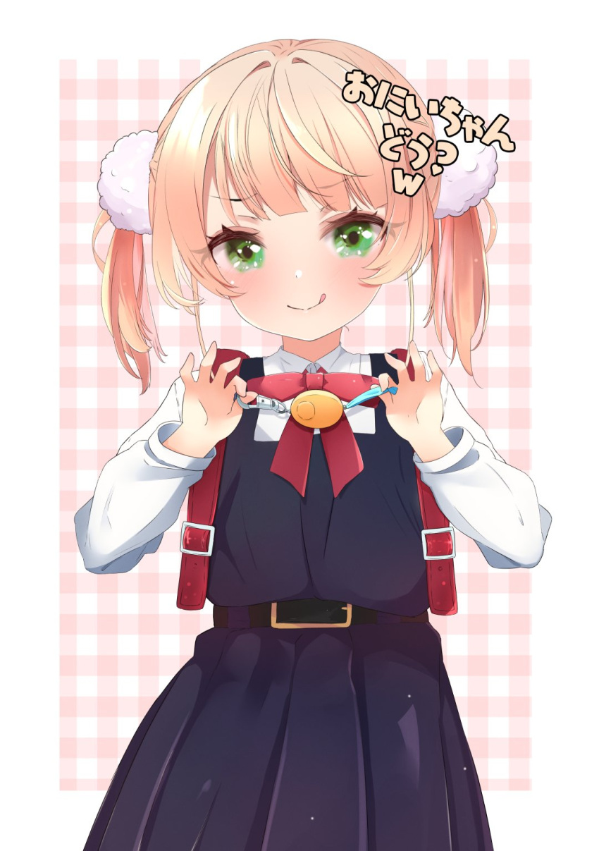 1girl aged_down backpack bag blonde_hair blue_dress blush bow bowtie crime_prevention_buzzer dress dress_shirt green_eyes highres indie_virtual_youtuber looking_at_viewer official_alternate_costume pan_(pixiv41343614) pinafore_dress pleated_dress randoseru red_bag red_bow red_bowtie shigure_ui_(vtuber) shigure_ui_(young)_(vtuber) shirt short_hair sleeveless sleeveless_dress smile tongue tongue_out two_side_up virtual_youtuber white_shirt