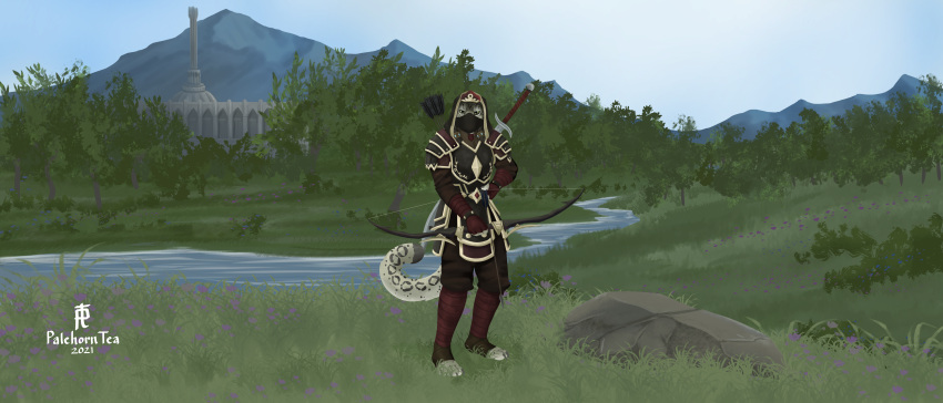 21:9 absurd_res anthro archer archery armor bethesda_softworks bow_(weapon) cyrodiil english_text felid fighting_pose group hi_res hood hooded jo'reysha khajiit male mammal melee_weapon palehorntea pantherine pose ranged_weapon snow_leopard solo sword text the_elder_scrolls umbrose weapon