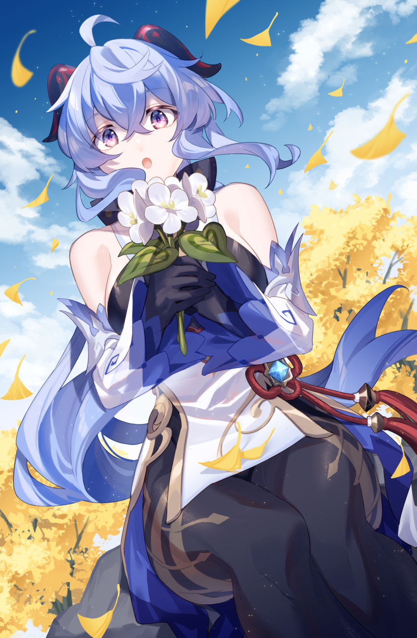 1girl :o ahoge black_bodysuit black_gloves blue_hair blue_sky blush bodystocking_under_clothes bodysuit bouquet breasts cloud commentary_request cowboy_shot detached_sleeves dot_nose flower flower_knot ganyu_(genshin_impact) genshin_impact ginkgo gloves goat_horns gold_trim hands_up highres hizuki_miya holding holding_flower horns leaning_back light_blue_hair long_hair medium_breasts outdoors ponytail purple_eyes sidelocks sky solo tree vision_(genshin_impact) white_flower white_sleeves