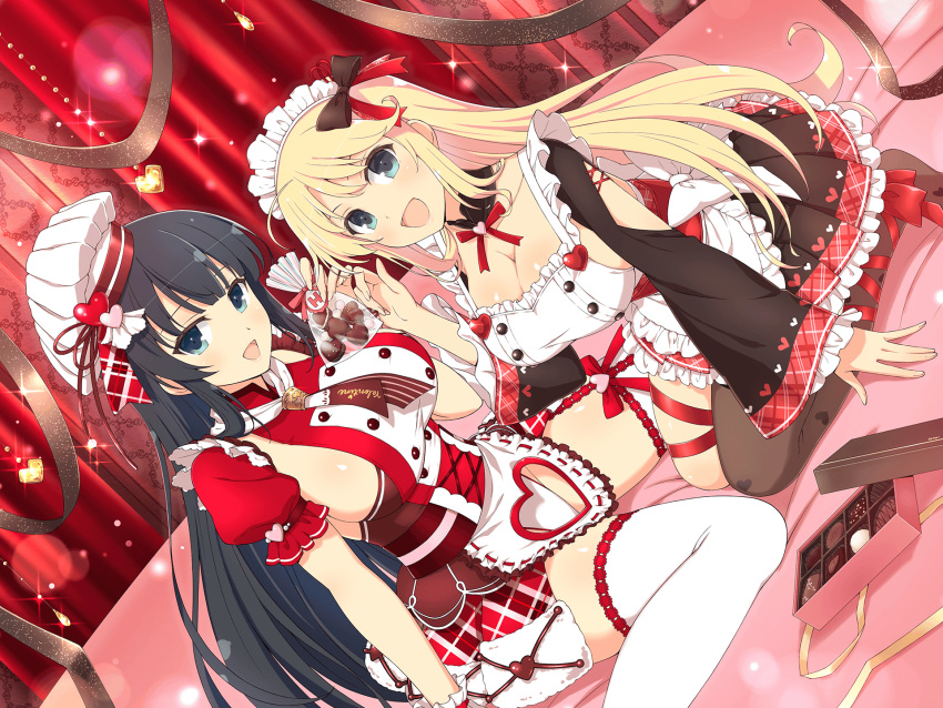 2girls alternate_costume apron ascot black_hair blonde_hair blue_eyes blush box box_of_chocolates breasts candy chef chef_hat chocolate cleavage food frills hair_ornament hair_ribbon hat heart heart-shaped_chocolate highres holding holding_chocolate holding_food ikaruga_(senran_kagura) jewelry katsuragi_(senran_kagura) large_breasts long_hair looking_at_viewer maid multiple_girls no_bra official_alternate_costume official_art on_bed open_mouth panty_cutout plaid plaid_skirt ribbon senran_kagura senran_kagura_new_link senran_kagura_shoujo-tachi_no_shin'ei sideboob single_thighhigh skirt smile thighhighs tongue toque_blanche valentine waist_apron white_apron white_ascot white_thighhighs wrist_cuffs yaegashi_nan