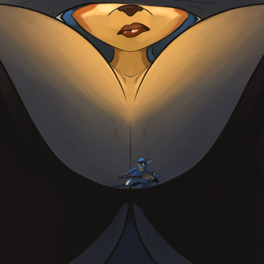 1:1 2019 anthro big_breasts blue_hair breasts canid canine carmelita_fox clothed clothing duo female fox fur hair hi_res huge_breasts lips macro male mammal robomax size_difference sly_cooper sly_cooper_(series) sony_corporation sony_interactive_entertainment sucker_punch_productions