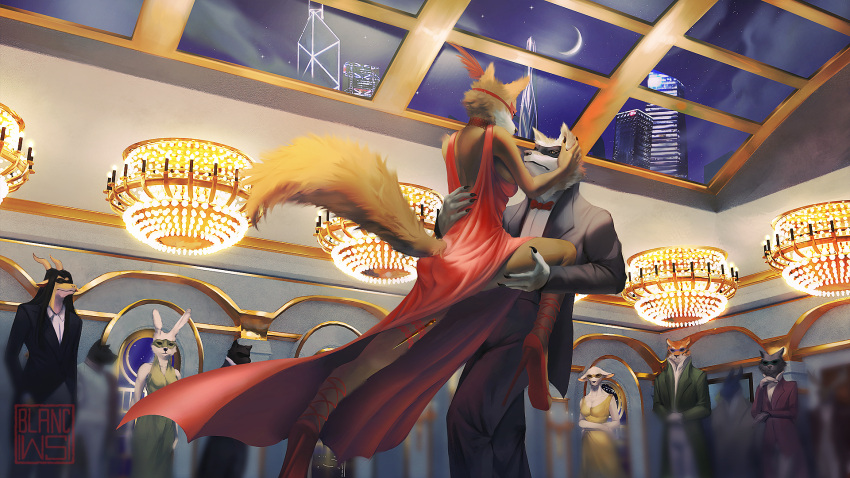 antelope anthro ballroom blancws bovid canid canine chandelier city cityscape classy clothing dagger dancewear dancing domestic_cat dress fancy_clothing felid feline felis female group hi_res lagomorph legend_of_ahya leporid male mammal mask masquerade_mask melee_weapon murana_wolford_(darkflame-wolf) necktie pantherine rabbit skylight suit tiger weapon wold