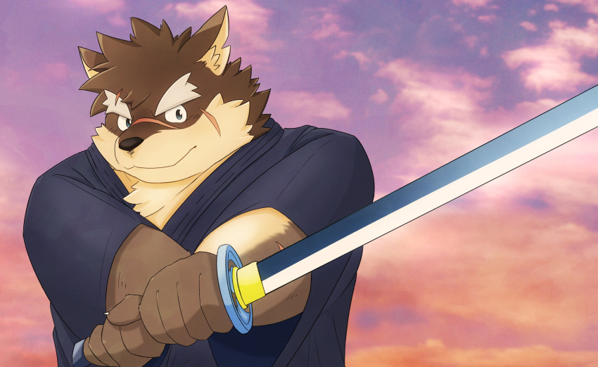 absurd_res anthro asian_clothing brown_body brown_fur canid canine canis clothing cloudy_sky domestic_dog east_asian_clothing eyebrows fur hi_res japanese_clothing jinastray katana kimono lifewonders male mammal melee_weapon moritaka scar solo sunset sword thick_eyebrows tokyo_afterschool_summoners weapon