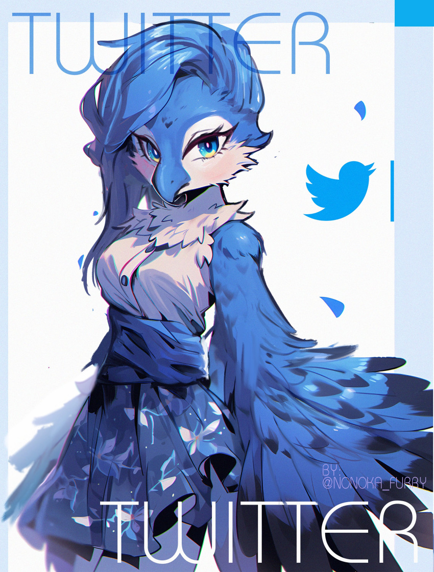 absurd_res anthro avian beak bird blue_body blue_eyes blue_feathers blue_hair breasts clothed clothing eyelashes feathered_wings feathers female front_view fully_clothed hair hi_res meme neck_tuft nonoka917 solo tuft tweetfur twitter winged_arms wings