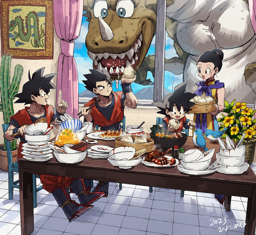 1girl 3boys bird black_hair chi-chi_(dragon_ball) dinosaur dragon dragon_ball dragon_ball_z egg_(food) family father_and_son food happy highres husband_and_wife kometubu0712 meat mother_and_son multiple_boys saliva son_gohan son_goku son_goten spiked_hair