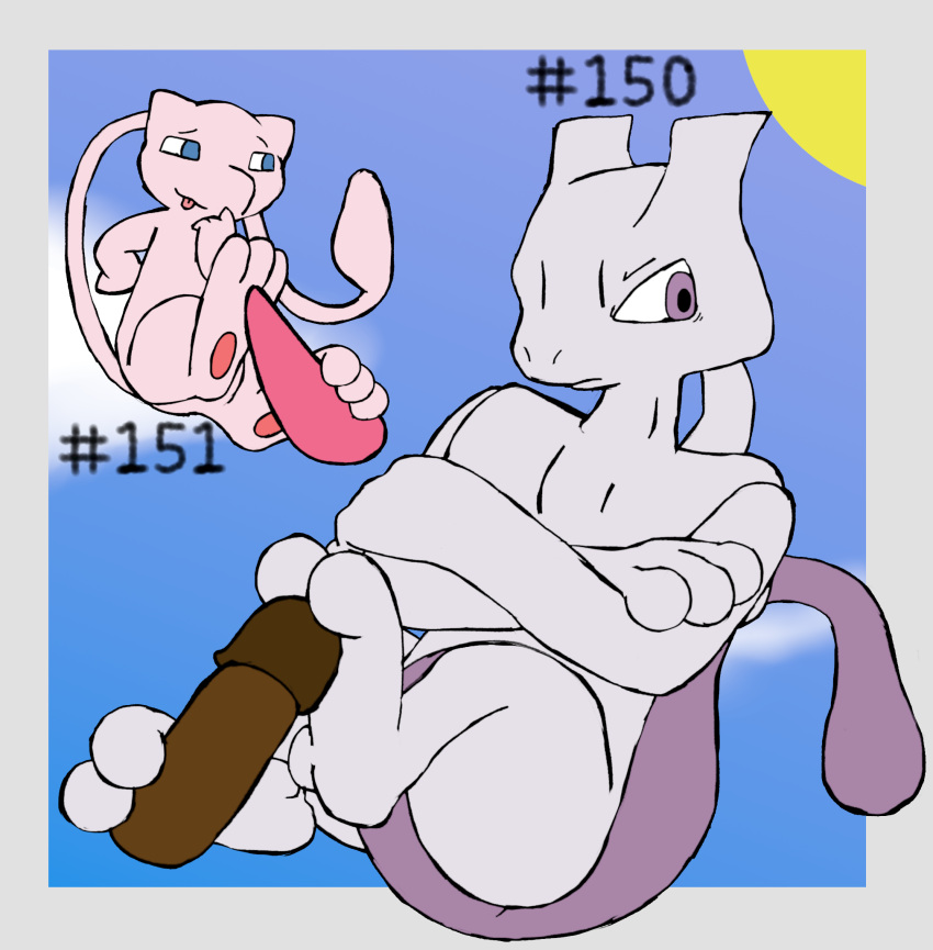 2_toes 3_toes ambiguous_gender anthro blue_eyes erection feet foot_fetish foot_play footjob generation_1_pokemon genitals hashtag hi_res id_number legendary_pokemon male mew_(pokemon) mewtwo nintendo number pawpads paws penis pokemon pokemon_(species) secretsableye sex smile text toes tongue tongue_out