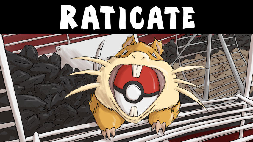 16:9 2020 ambiguous_gender black_eyes buckteeth cage claws colored digital_drawing_(artwork) digital_media_(artwork) english_text ergomancy feral fur generation_1_pokemon hamster_wheel hi_res looking_at_viewer mammal nintendo object_in_mouth open_mouth orange_body orange_fur pokeball_in_mouth pokemon pokemon_(species) raticate rodent rodent_tail shaded solo species_name tail teeth text whiskers white_text widescreen wood_chips