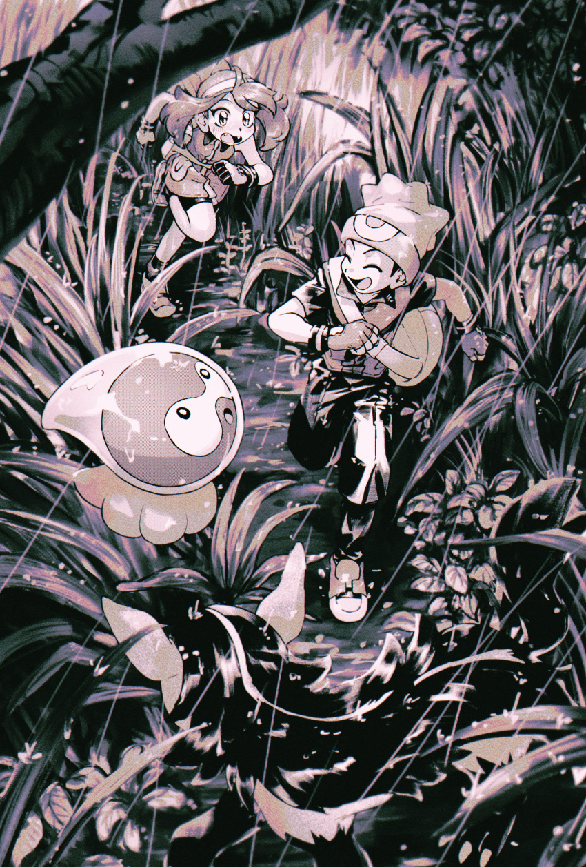 1boy 1girl absurdres bag bandana beanie bike_shorts brendan_(pokemon) castform castform_(rainy) fangs fanny_pack fingerless_gloves forecast from_above funabara_tsuitta_tsunagemashita gloves grass hat highres looking_back may_(pokemon) mightyena monochrome open_mouth pokemon pokemon_(creature) pokemon_adventures rain running smile tall_grass tree vegetation