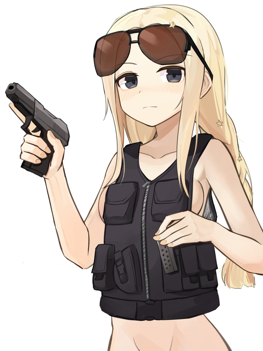1girl absurdres ammunition_pouch black_vest blonde_hair blue_eyes blush breasts closed_mouth collarbone commission eyewear_on_head gamryous girls'_frontline groin gun hair_ornament handgun highres holding holding_gun holding_magazine_(weapon) holding_weapon load_bearing_vest long_hair looking_at_viewer magazine_(weapon) naked_vest pixiv_commission pouch serdyukov_(girls'_frontline) serdyukov_sps small_breasts solo sunglasses trigger_discipline vest weapon white_background