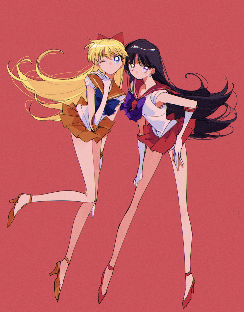 2girls aino_minako back_bow bishoujo_senshi_sailor_moon black_hair blonde_hair blue_bow blue_eyes bow circlet earrings elbow_gloves gloves high_heels highres hino_rei inner_senshi jewelry leotard long_hair long_legs multiple_girls orange_sailor_collar orange_skirt pochi_(askas_is_god) purple_bow purple_eyes red_sailor_collar red_skirt sailor_collar sailor_mars sailor_senshi sailor_senshi_uniform sailor_venus simple_background skirt