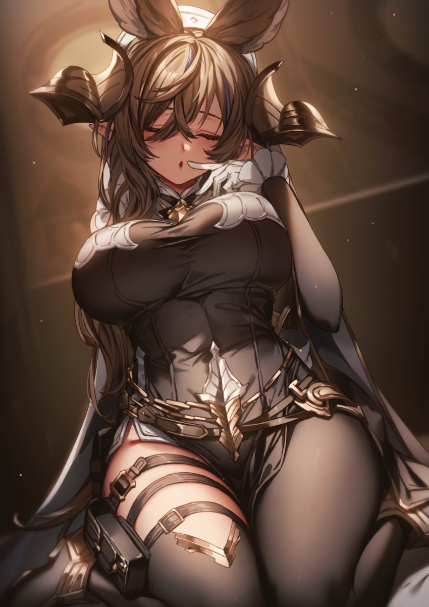 1girl animal_ears black_dress black_thighhighs breasts brown_hair closed_eyes detached_sleeves dress extra_ears galleon_(granblue_fantasy) genyaky gloves granblue_fantasy highres horns large_breasts long_hair multicolored_hair open_mouth pelvic_curtain pointy_ears sitting solo streaked_hair swept_bangs thigh_strap thighhighs thighs two-tone_dress wariza white_dress white_gloves wide_sleeves