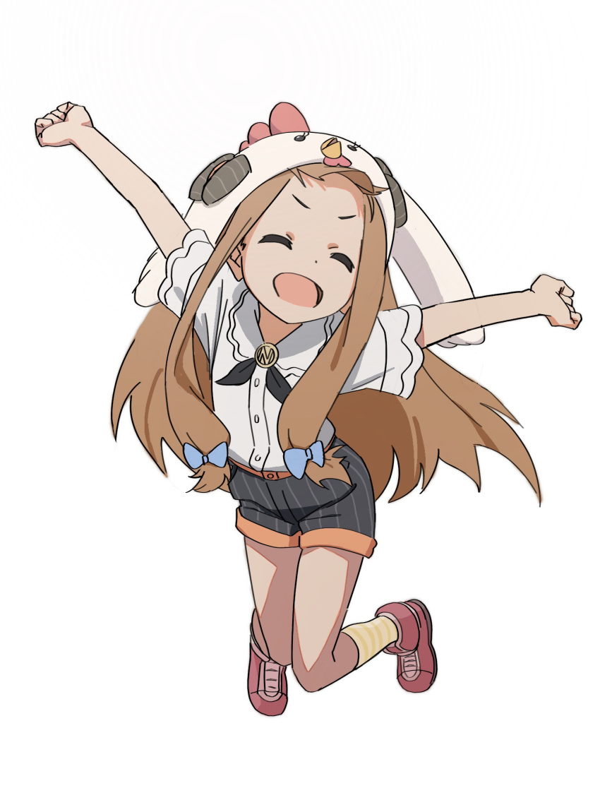 1girl chicken_costume chicken_hat closed_eyes cosplay highres ichihara_nina idolmaster idolmaster_cinderella_girls idolmaster_cinderella_girls_u149 jumping kigurumi long_hair orange_hair shorts simple_background tuttivivace twintails white_background