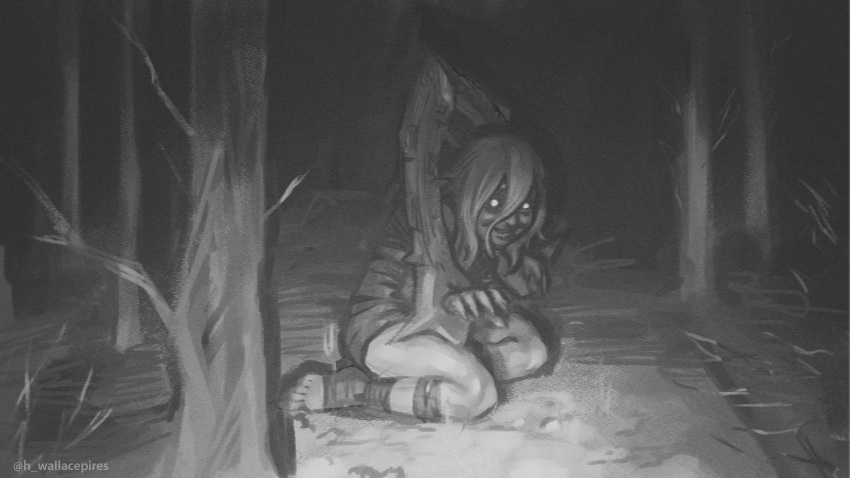 1girl artist_name briar_(league_of_legends) chained_wrists from_side glowing glowing_eyes grin hair_between_eyes highres horror_(theme) league_of_legends night outdoors sitting smile teeth toeless_footwear tree wallace_pires