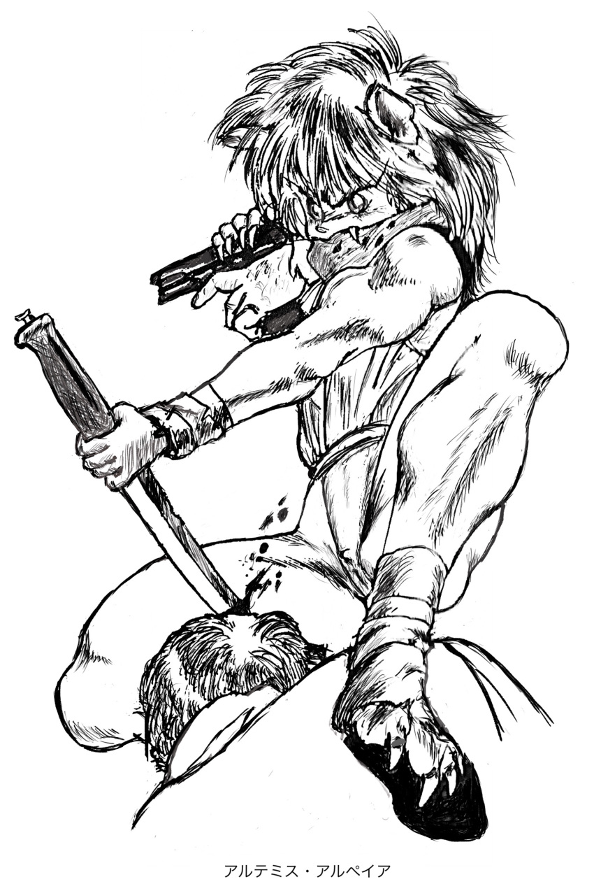 absurd_res animal_humanoid appleseed artemis_(appleseed) blood bodily_fluids clothed clothing digital_media_(artwork) domestic_cat duo felid feline felis female gore gun hi_res humanoid knife mammal monochrome muscular muscular_female nekoalpe not_furry ranged_weapon weapon