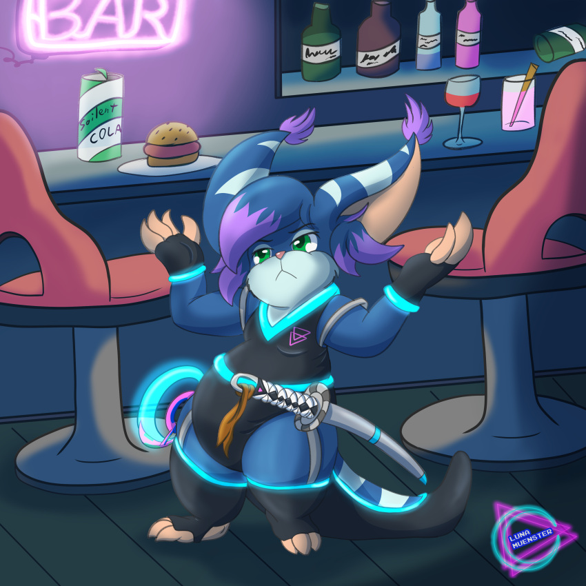 3_toes absurd_res alcohol_bottle alcoholic_drink ambiguous_gender anthro bar_stool barefoot battle_suit beverage chair chua clothing exposed_feet feet furniture glaive gloves handwear hi_res high_chair jumpsuit legwear long_ears long_tail luna_muenster_(fursona) lunamuenster mammal melee_weapon neon neon_lights polearm rodent short_stack slightly_chubby solo stockings stool sword tail taunting toes weapon wildstar