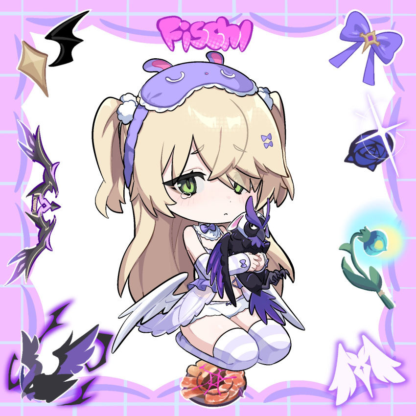1girl alternate_costume animal arm_warmers bird blonde_hair blue_flower bow bow_(weapon) character_name chibi closed_mouth clothed_animal crossed_bangs english_commentary feathered_wings fischl_(genshin_impact) flower genshin_impact green_eyes hair_over_one_eye highres holding holding_animal holding_bird kekek long_hair mask mask_on_head oz_(genshin_impact) purple_bow purple_mask short_shorts shorts simple_background sitting sleep_mask striped striped_thighhighs tears thighhighs two_side_up weapon white_shorts white_wings wings