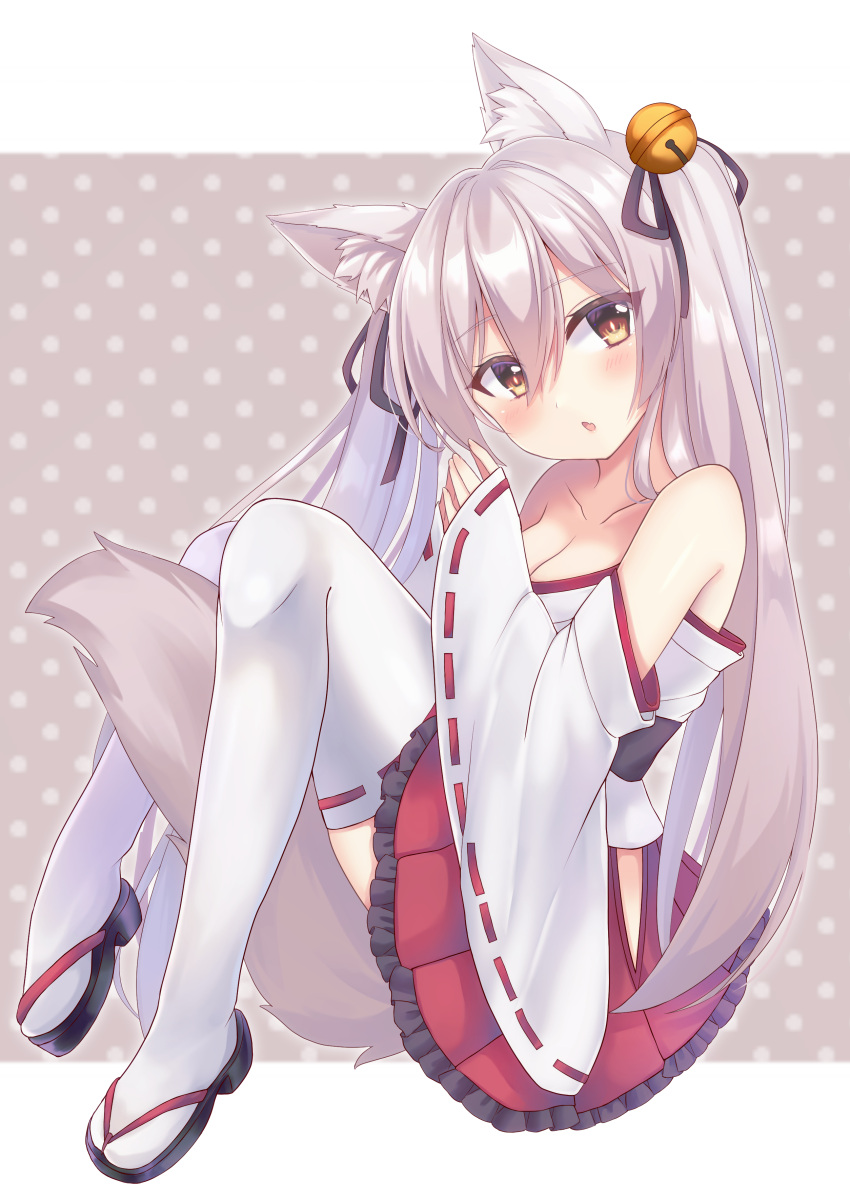 1girl absurdres animal_ear_fluff animal_ears bare_shoulders bell between_legs black_ribbon blush breasts brown_eyes chestnut_mouth cleavage collarbone commentary detached_sleeves double-parted_bangs eyelashes eyes_visible_through_hair fang fox_ears fox_girl fox_tail frilled_skirt frills full_body geta grey_hair hair_bell hair_between_eyes hair_ornament hair_ribbon hand_up hands_up head_tilt highres japanese_clothes jingle_bell kimono knees_up kurumi_komomo long_hair looking_at_viewer medium_breasts miniskirt open_mouth original pleated_skirt red_ribbon red_skirt ribbon ribbon-trimmed_sleeves ribbon-trimmed_thighhighs ribbon_trim shirt sitting skin_fang skirt sleeves_past_wrists slit_pupils solo steepled_fingers straight_hair tail tail_between_legs thighhighs tsurime twintails very_long_hair white_kimono white_shirt white_sleeves white_thighhighs wide_sleeves