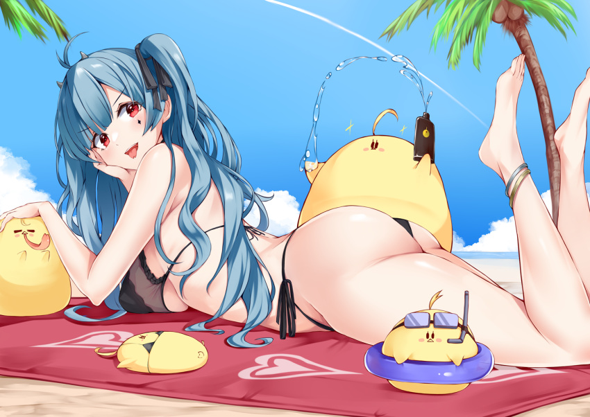 1girl :d ahoge anklet ass azur_lane barefoot beach beach_towel bikini black_bikini blue_hair blue_sky breasts coconut_tree commission elbow_rest feet feet_up forked_tongue from_side hair_ribbon irohara jewelry large_breasts legs long_hair lying manjuu_(azur_lane) marco_polo_(azur_lane) ocean on_stomach open_mouth palm_tree red_eyes ribbon skeb_commission sky smile swimsuit toes tongue tongue_out towel tree twintails v-shaped_eyebrows very_long_hair water