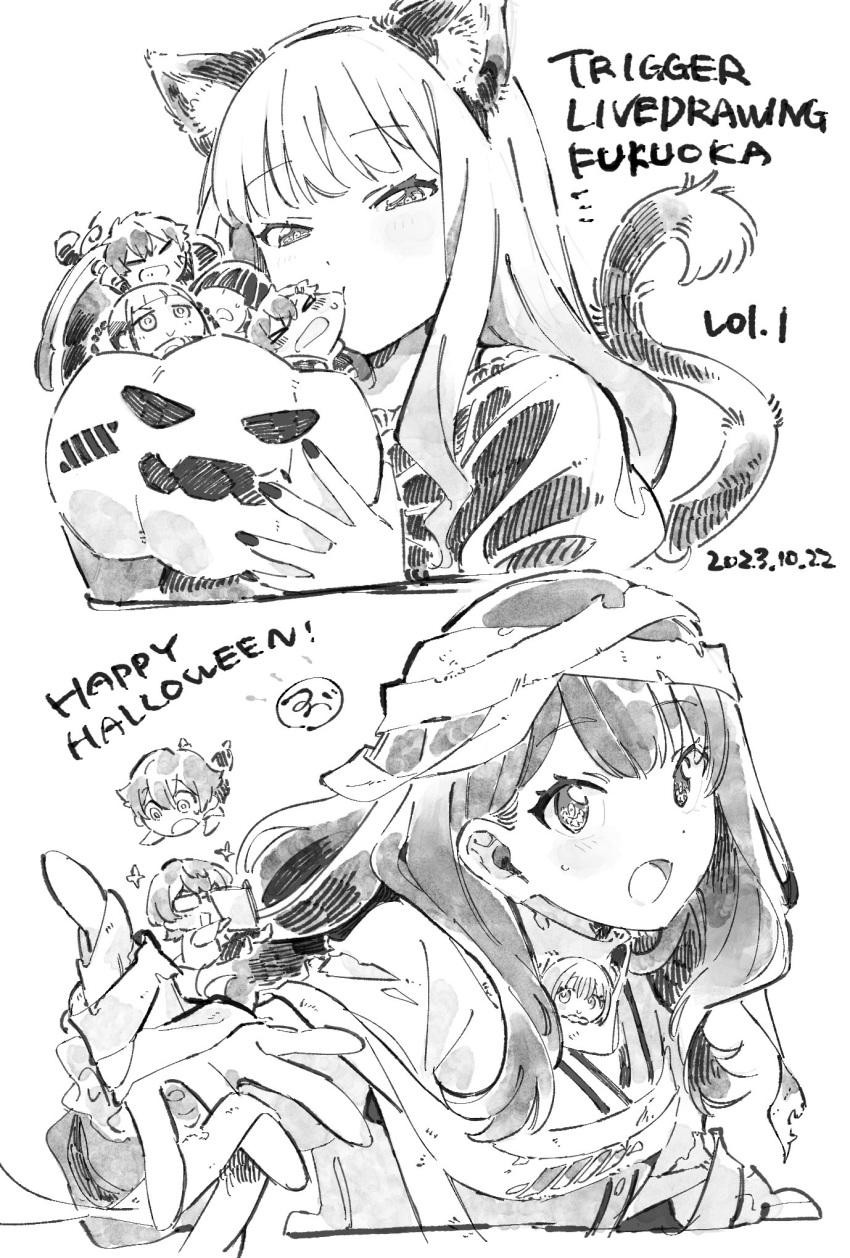 animal_ears asanaka_yomogi asukagawa_chise bandages biting braid cat_ears cat_tail cheek_biting chibi copyright_name dated gauma greyscale gridman_universe halloween halloween_bucket halloween_costume hibiki_yuuta highres kmttta long_hair minami_yume monochrome mummy_costume nail_polish shinjou_akane ssss.dynazenon ssss.gridman tail takarada_rikka twin_braids utsumi_shou yamanaka_koyomi