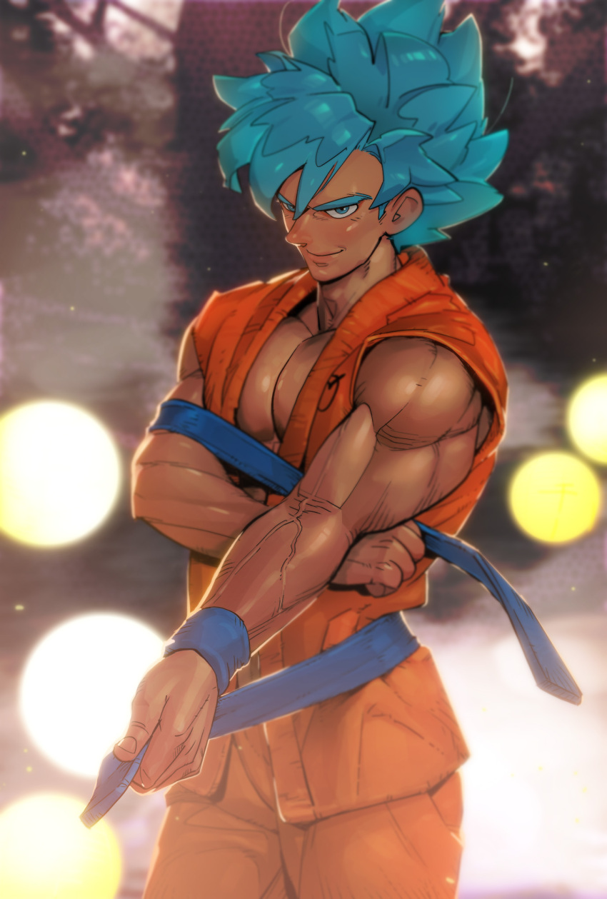 1boy alternate_skin_color bara blue_hair blush dougi dragon_ball dragon_ball_super feet_out_of_frame highres large_pectorals looking_at_viewer male_focus muscular muscular_male pectoral_cleavage pectoral_squeeze pectorals seductive_smile short_hair sideburns smile solo son_goku spiked_hair standing supobi tan thick_eyebrows undressing veins veiny_arms