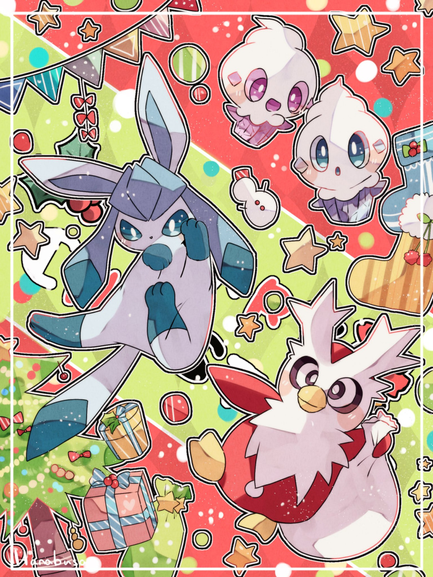 :o alternate_color animal_focus beak blue_eyes border christmas christmas_tree colored_skin commentary_request delibird gift glaceon green_background hanabusaoekaki highres mistletoe no_humans pink_eyes pokemon pokemon_(creature) red_background red_skin shiny_pokemon snow snowman socks star_(symbol) tail two-tone_background vanillite white_border white_fur