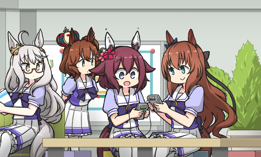 4girls ahoge animal_ears aqua_eyes aston_machan_(umamusume) biwa_hayahide_(umamusume) black_bow blue_bow blue_eyes bow bowtie brown_hair crown ear_bow ear_covers ear_ornament flower frilled_skirt frills game_boy glasses hair_bow hair_flower hair_ornament hamu_koutarou handheld_game_console highres holding holding_handheld_game_console horse_ears horse_girl horse_tail long_hair maruzensky_(umamusume) mini_crown multiple_girls pleated_skirt puffy_short_sleeves puffy_sleeves purple_bow purple_bowtie purple_hair purple_shirt red-framed_eyewear sailor_collar sailor_shirt sakura_chiyono_o_(umamusume) school_uniform semi-rimless_eyewear shirt short_hair short_sleeves sitting skirt tail tracen_school_uniform umamusume wavy_hair white_skirt yellow_eyes