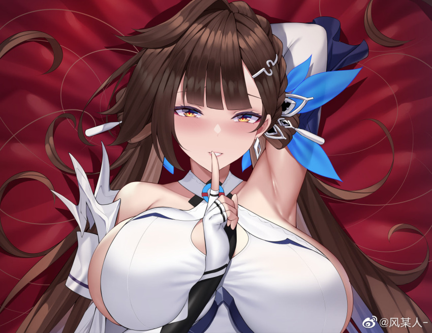 1girl arm_behind_head armpits bare_shoulders breasts brown_hair close-up criss-cross_halter elbow_gloves feng_mouren finger_to_mouth fingerless_gloves gloves hair_ornament hairclip halterneck honkai_(series) large_breasts li_sushang long_hair lying on_back red_sheet shushing two-tone_gloves weibo_username yellow_eyes