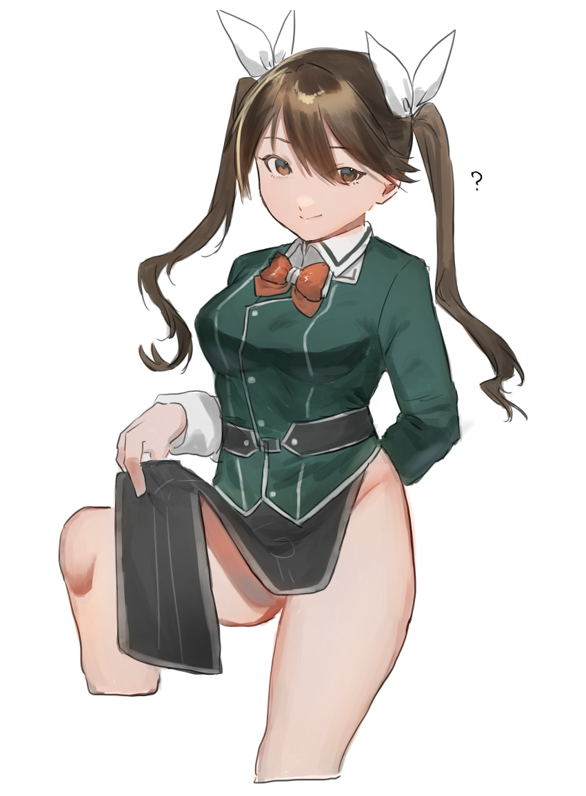 1girl absurdres arm_behind_back bow bowtie brown_eyes brown_hair clothes_lift cowboy_shot cropped_legs elbow_gloves gloves hair_between_eyes hair_ribbon highres holding kantai_collection lifted_by_self long_hair pelvic_curtain pelvic_curtain_lift red_bow red_bowtie ribbon shishamo_(domado) simple_background single_elbow_glove solo tone_(kancolle) tone_kai_ni_(kancolle) twintails white_background white_ribbon