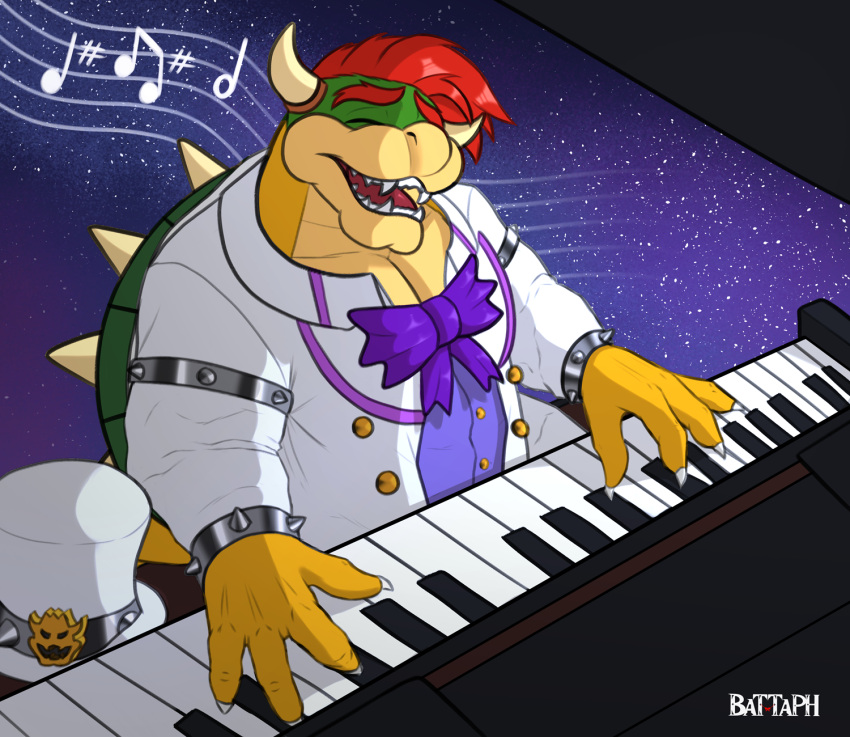 anthro battaph bowser clothing hat headgear headwear hi_res keyboard_instrument male mario_bros musical_instrument musical_note nintendo piano playing_music singing solo suit wedding_clothing