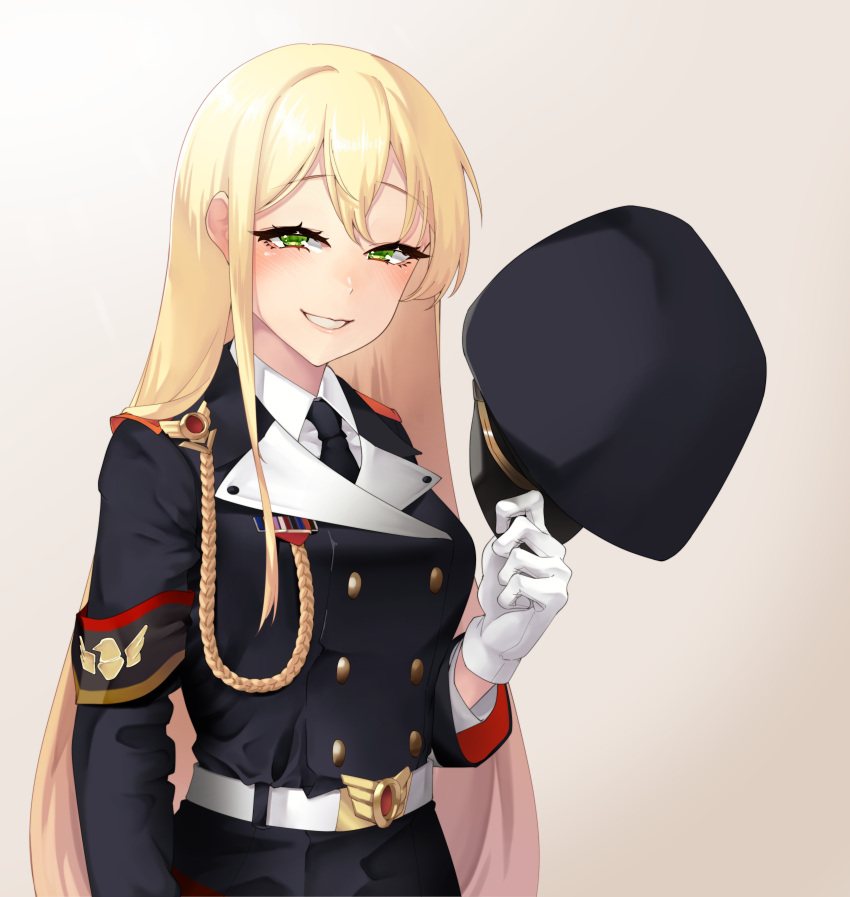 1girl absurdres armband blonde_hair blush collared_shirt commission commissioner_upload girls'_frontline gloves green_eyes hat highres jacket long_hair long_sleeves looking_at_viewer military_hat military_uniform nakiusagi necktie peaked_cap shirt simple_background skeb_commission smile smug solo squinting stg44_(girls'_frontline) uniform very_long_hair white_gloves white_shirt