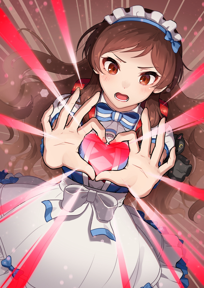 1girl alternate_costume blue_bow blue_bowtie blush bow bowtie brown_eyes brown_hair commentary dress dutch_angle emphasis_lines enmaided frilled_dress frills frown heart heart_hands highres idolmaster idolmaster_million_live! kamille_(vcx68) kitazawa_shiho long_hair looking_at_viewer maid maid_headdress medium_dress moe_moe_kyun! open_mouth puffy_short_sleeves puffy_sleeves short_sleeves solo standing swept_bangs white_dress wind