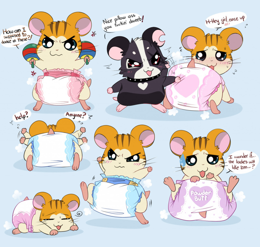 anthro blush clean_diaper clothed clothing cricetid dialogue diaper diaper_only diaper_puff digital_media_(artwork) duo english_text fur hair hamster hamtaro_(series) hi_res jupiters male mammal multiple_images open_mouth orange_body orange_fur rodent simple_background solo speech_bubble stan_(hamtaro) text topless wearing_diaper