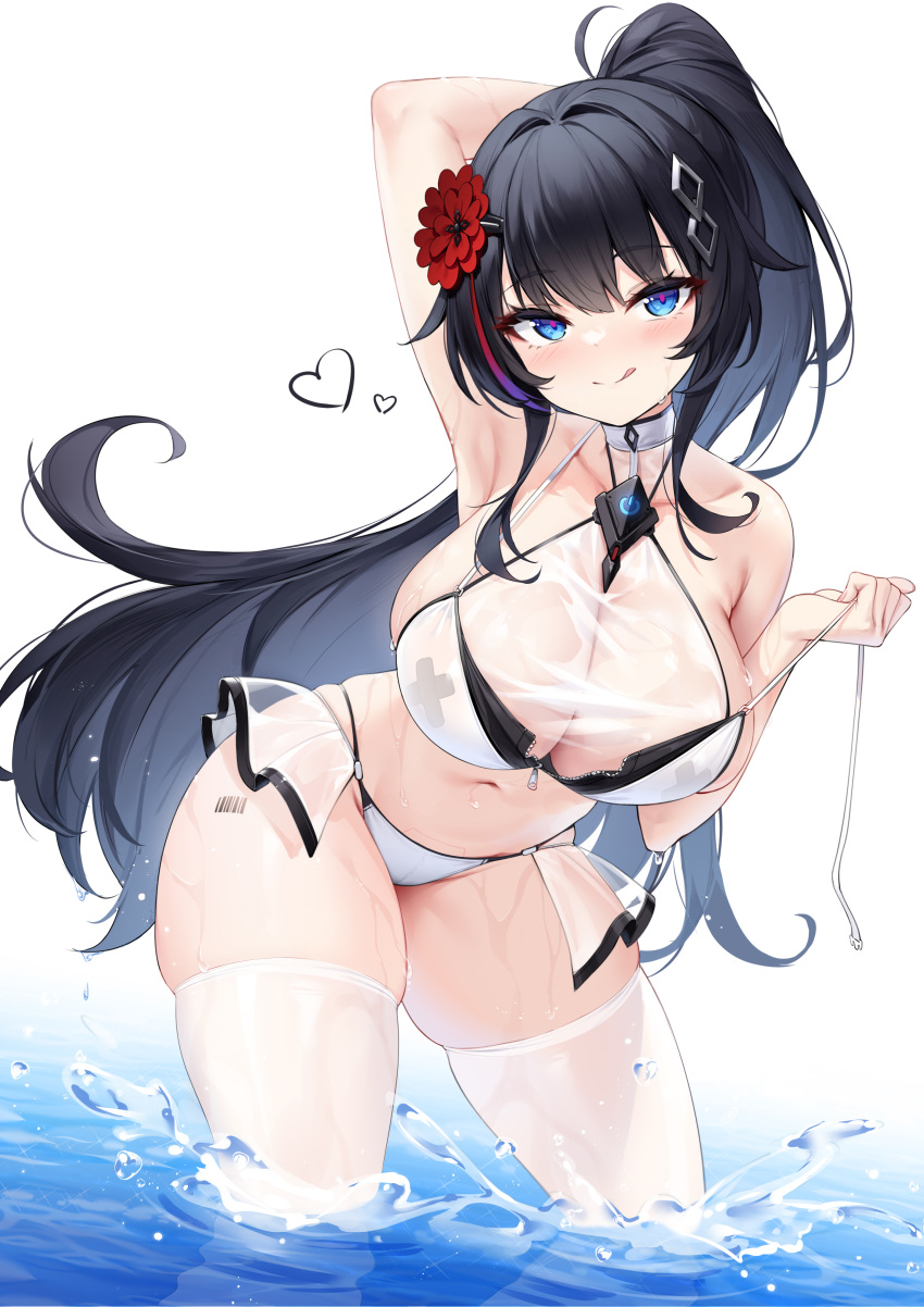 1girl :q absurdres arm_behind_head arm_up armpits bandaid bandaids_on_nipples bare_arms bare_shoulders bikini black_hair blue_eyes breasts choker closed_mouth cowboy_shot flower hair_flower hair_ornament hairclip halterneck hand_up highres k.t.cube large_breasts leaning_forward licking_lips long_hair looking_at_viewer naughty_face navel original pasties ponytail see-through see-through_cleavage skindentation smile solo spaghetti_strap standing stomach strap_pull string_bikini swimsuit thighhighs thighs tongue tongue_out untied_bikini unzipped very_long_hair water wet wet_thighhighs white_bikini white_choker white_thighhighs zipper_pull_tab