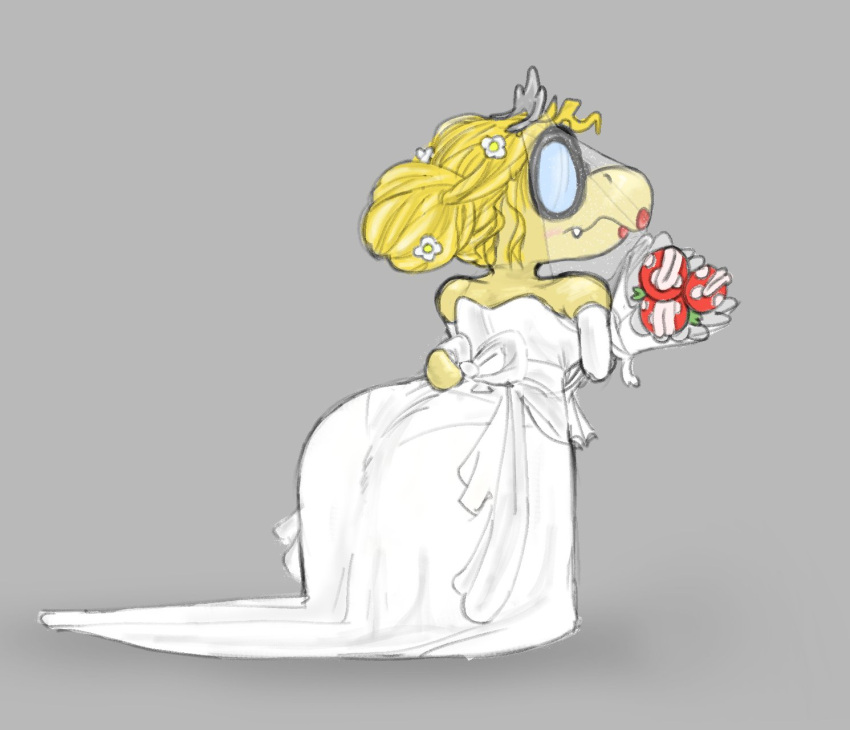 anthro beak beakstick big_butt blonde_hair blush bouquet butt clothed clothing crossdressing crown dress elemental_creature eyewear flora_fauna flower flower_bouquet furgonomics glasses hair headgear hi_res kamek koopa lipstick looking_at_viewer looking_back magikoopa makeup male mario_bros nintendo piranha_plant plant scalie simple_background solo standing tail tiara troopboob wedding_dress white_clothing white_dress