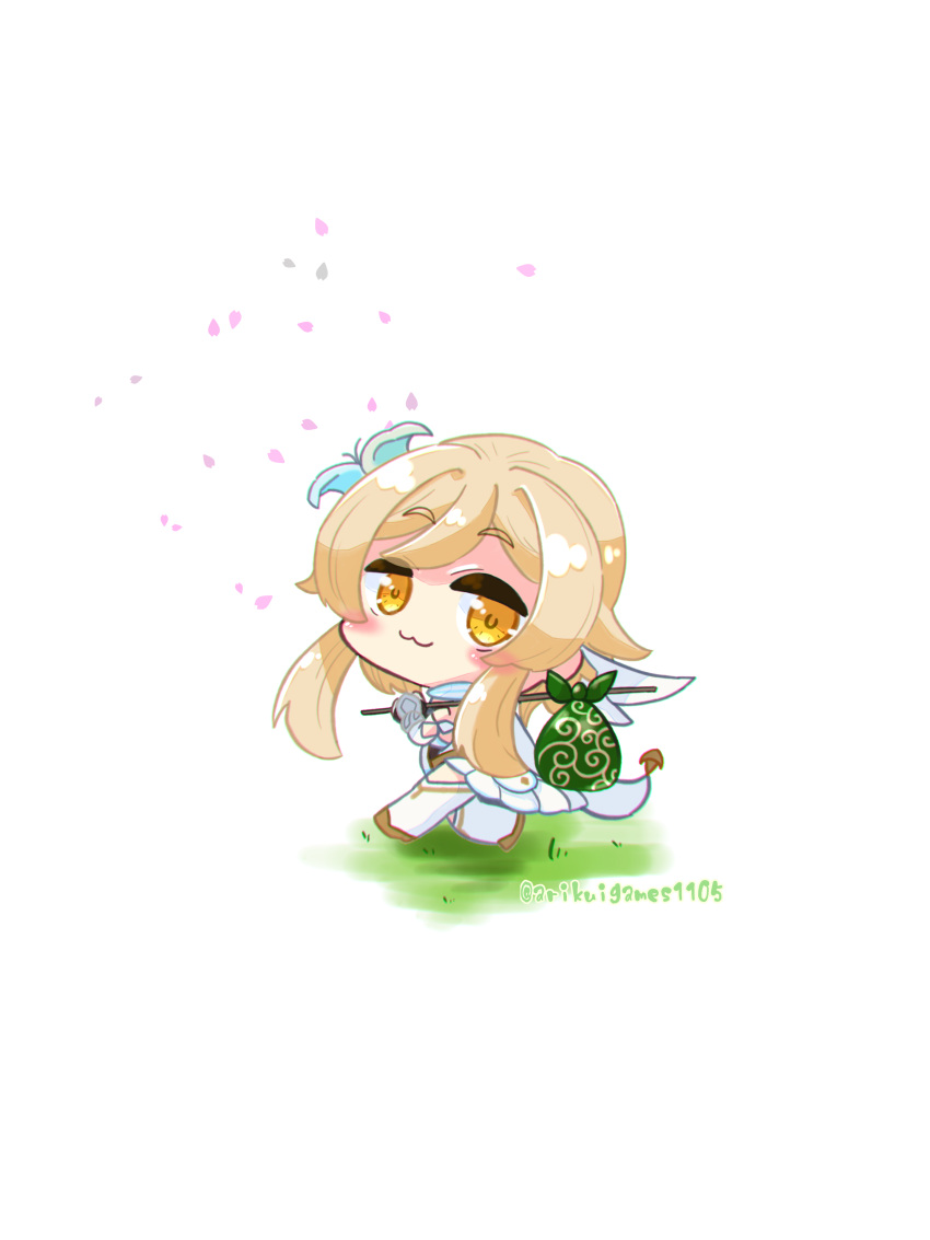 :3 absurdres arikuigames1105 blonde_hair cherry_blossoms chibi genshin_impact hair_ornament highres lumine_(genshin_impact) on_grass walking white_background yellow_eyes