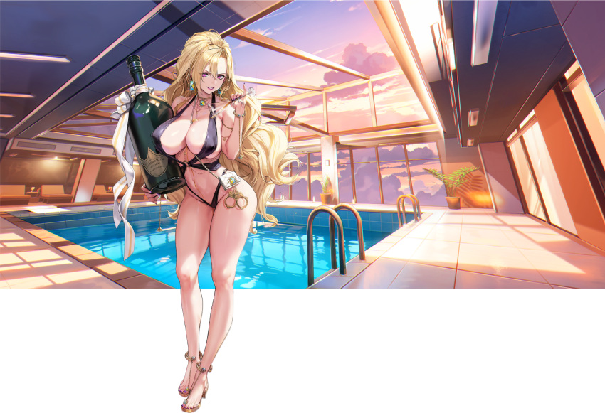 1girl anklet armlet bag bikini black_bikini blonde_hair bottle bracelet breasts bust_cup chain_necklace cleavage cloud cloudy_sky collarbone covered_nipples cuffs cup deck_chair earrings fern full_body gem glass_bottle gold_footwear hair_between_eyes handbag handcuffs high_heels highres holding holding_bottle holding_cup huge_breasts indoors jewelry last_origin linea_alba lipstick long_hair looking_at_viewer makeup nail_polish navel necklace o-ring o-ring_bikini official_alternate_costume official_art parted_lips pinkmill plant pool potted_plant pouring pouring_onto_self purple_eyes purple_lips purple_nails ribbon sadius_of_retribution simple_background sky sling_bikini_top standing sunset swimsuit tachi-e thick_thighs thighs third-party_source transparent_background v-shaped_eyebrows white_ribbon window