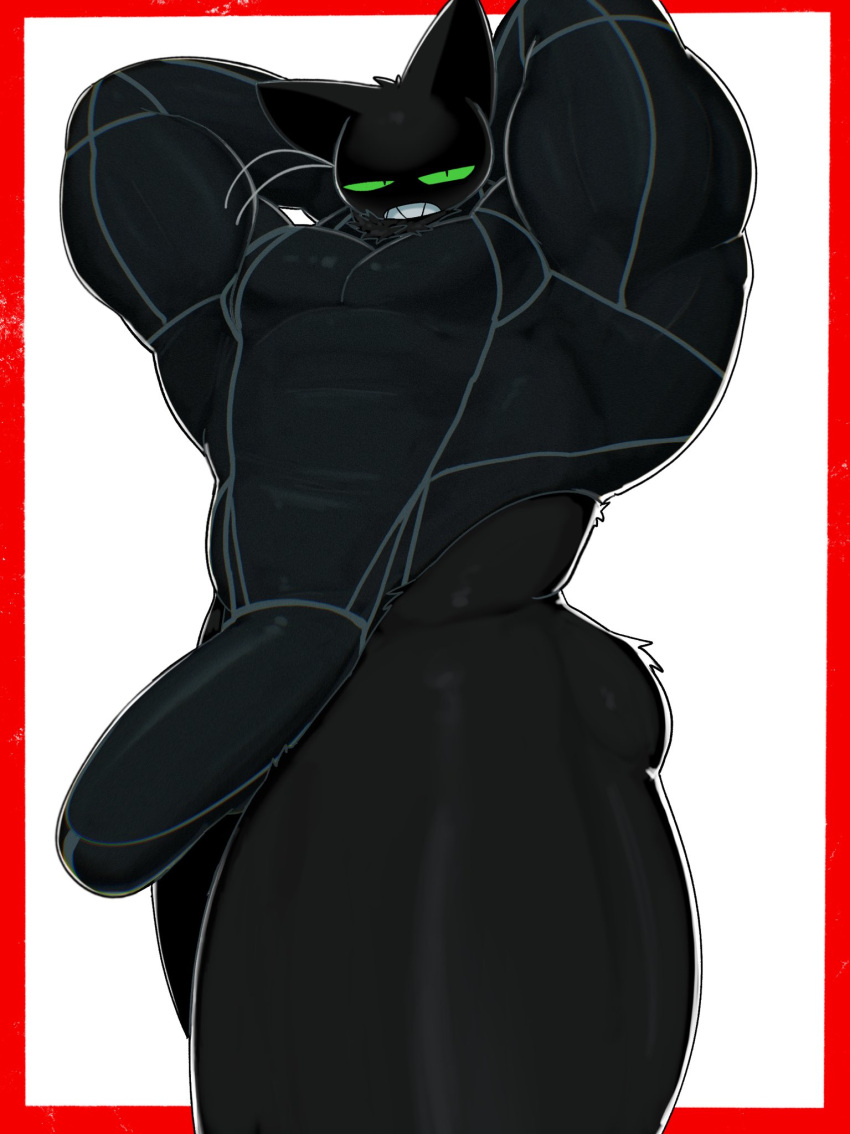 abs anthro barazoku biceps black_body black_fur bulge butt cartoon_network clothing domestic_cat erection felid feline felis fur genital_outline genitals green_eyes hands_behind_head hi_res looking_at_viewer male mammal mao_mao:_heroes_of_pure_heart muscular muscular_anthro muscular_arms muscular_male mymu666 pecs penis_outline rubber rubber_clothing rubber_suit sheriff_mao_mao_mao simple_background solo solo_focus teeth thick_thighs tight_clothing underwear