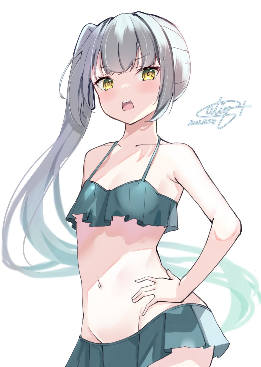 1girl bikini bikini_skirt black_ribbon blush brown_eyes calin green_bikini grey_hair hair_ribbon hand_on_own_hip highres kantai_collection kasumi_(kancolle) long_hair open_mouth ribbon side_ponytail solo swimsuit tsundere