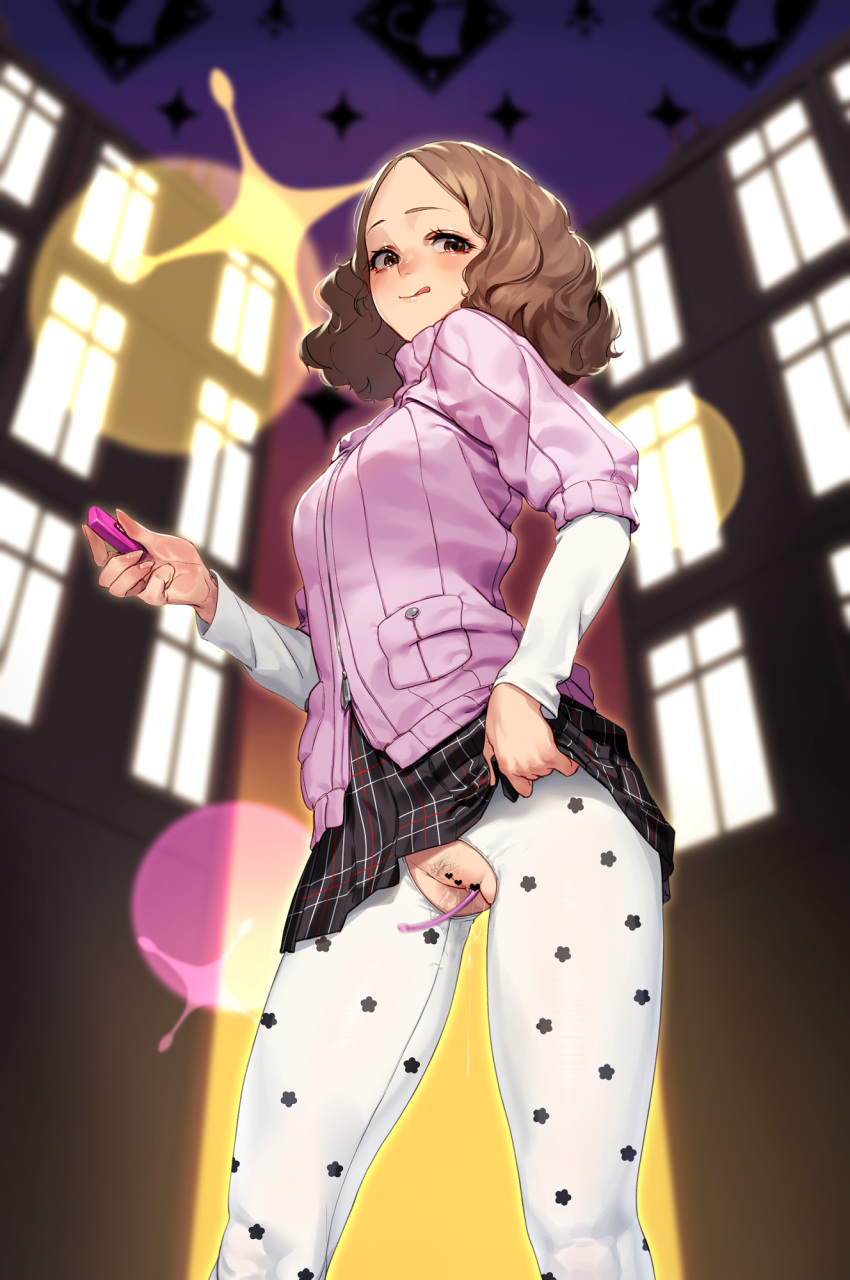1girl beeeeen black_skirt brown_eyes brown_hair censored clothes_lift controller crotchless crotchless_pantyhose female_pubic_hair from_below heart heart_censor highres holding holding_remote_control layered_sleeves licking_lips lifted_by_self long_sleeves motion_blur no_panties object_insertion okumura_haru pantyhose persona persona_5 pink_sweater plaid plaid_skirt pubic_hair pussy pussy_juice remote_control ribbed_sweater school_uniform short_hair short_over_long_sleeves short_sleeves shuujin_academy_school_uniform skirt skirt_lift smile solo standing sweater thighhighs tongue tongue_out vaginal vaginal_object_insertion white_sleeves white_thighhighs