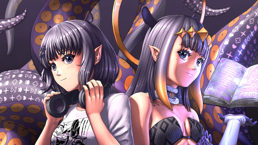 2girls bare_shoulders black_eyes black_hair blunt_bangs book breasts commentary diamond_hair_ornament diamond_hairband dual_persona fur-trimmed_collar fur_trim gloves hair_ornament hairclip hands_on_headphones headphones headphones_around_neck hebrew_text highres hololive hololive_english long_hair mole mole_under_eye multiple_girls ninomae_ina'nis ninomae_ina'nis_(1st_costume) ninomae_ina'nis_(5th_costume) open_book pointy_ears shirt short_hair simple_background small_breasts smile substance20 tentacles upper_body virtual_youtuber white_shirt