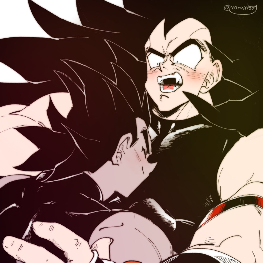 2boys bara between_pectorals couple dark-skinned_male dark_skin dot_pupils dragon_ball dragon_ball_z face_to_pecs happy head_between_pecs highres large_pectorals long_hair lying male_focus mature_male multiple_boys muscular muscular_male on_back pectorals raditz receding_hairline shiny_clothes shirt short_hair shy sideburns sidepec sleeveless sleeveless_shirt spiked_hair surprised tullece uneven_eyes upper_body yaoi yoram_(yoram551)