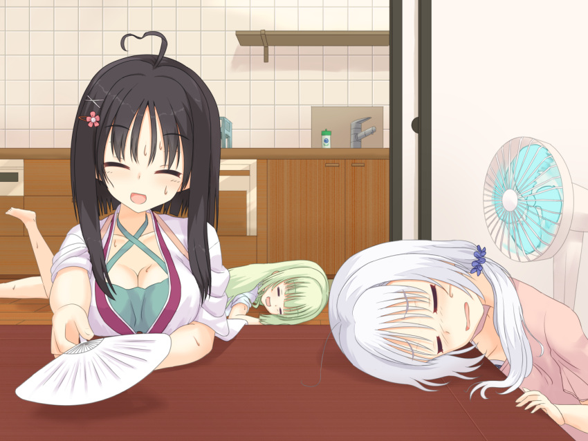 3girls :d =_= ahoge alternate_hairstyle barefoot blue_scrunchie blunt_bangs blush breasts cleavage closed_eyes criss-cross_halter electric_fan flower folded_fan folding_fan foreshortening furrowed_brow green_hair green_undershirt hair_between_eyes hair_down hair_flower hair_ornament hair_scrunchie hairclip halterneck hand_fan head_on_table head_tilt hitachi_mako holding holding_fan hot indoors japanese_clothes kimono kitchen large_breasts long_hair low_twintails motion_blur multiple_girls murasame_(senren) open_mouth parted_lips pink_shirt reaching reaching_towards_viewer scrunchie senren_banka shirayamakoma shirt short_hair_with_long_locks short_sleeves sleeves_rolled_up smile straight_hair summer sweat table tomotake_yoshino twintails wavy_mouth white_hair white_kimono wilted_ahoge x_hair_ornament