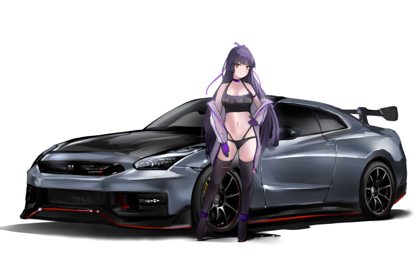 1girl black_camisole black_choker black_hair black_thighhighs breasts camisole car choker cleavage commission crop_top gloves grey_jacket hand_on_own_hip hand_on_own_thigh high_heels highres jacket long_hair medium_breasts motor_vehicle navel nissan nissan_gt-r nougat_(73r1r1) original purple_footwear purple_gloves red_eyes shadow solo spoiler_(automobile) sports_car thighhighs vehicle_focus very_long_hair