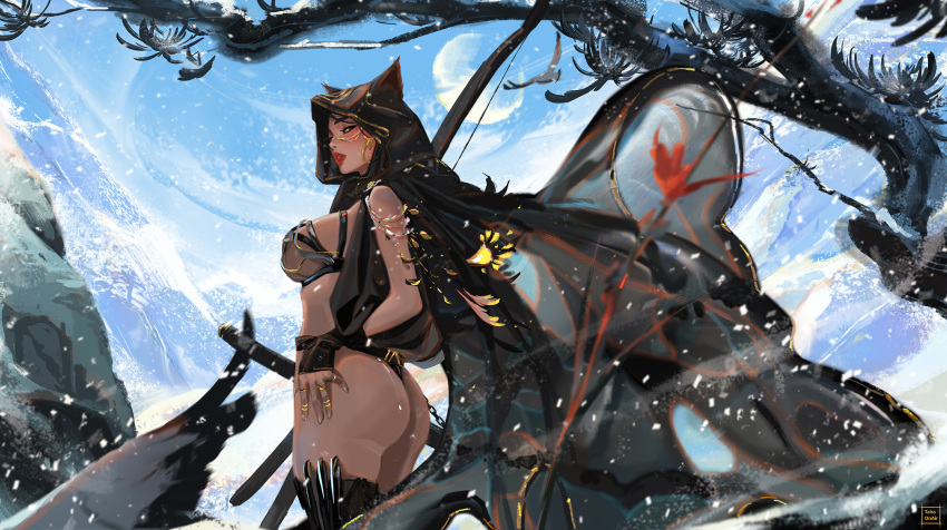 1girl animal_ears ass bare_shoulders bow breasts dark-skinned_female dark_skin fantasy highres hood jewelry large_breasts looking_at_viewer looking_back outdoors red_lips revealing_clothes solo tatti_art thick_thighs thighs warcraft winter world_of_warcraft