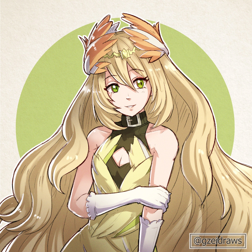1girl bare_shoulders blonde_hair breasts celine_(fire_emblem) cleavage cleavage_cutout clothing_cutout commentary cosplay dress fire_emblem fire_emblem_engage gloves green_eyes grey_background grin gzei hair_between_eyes highres long_hair looking_at_viewer sleeveless sleeveless_dress smile solo upper_body very_long_hair veyle_(fire_emblem) veyle_(fire_emblem)_(cosplay) white_gloves yellow_dress