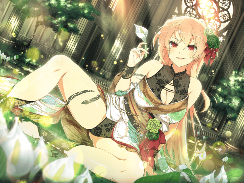 1girl arm_tattoo black_footwear blonde_hair blush bow breasts cathedral cleavage evil_smile floral_print flower flower_request grass green_flower hair_between_eyes hair_flower hair_ornament highres large_breasts leg_tattoo long_hair looking_at_viewer official_alternate_costume official_art open_mouth pillar red_bow red_eyes senran_kagura senran_kagura_new_link senran_kagura_new_wave shoes sitting smile solo souji_(senran_kagura) tattoo tree very_long_hair yaegashi_nan