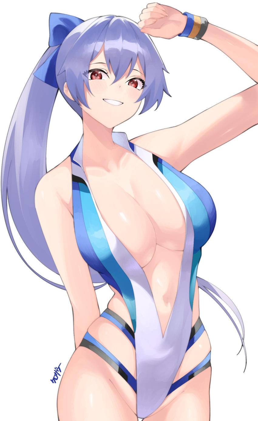 1girl absurdres blue_bow blue_one-piece_swimsuit bow breasts center_opening cleavage collarbone fate/grand_order fate_(series) grin hair_between_eyes hair_bow highleg highleg_swimsuit highres kurozawa_yui large_breasts long_hair looking_at_viewer navel one-piece_swimsuit ponytail red_eyes smile solo swimsuit tomoe_gozen_(fate) tomoe_gozen_(swimsuit_saber)_(fate) tomoe_gozen_(swimsuit_saber)_(first_ascension)_(fate) two-tone_swimsuit white_hair white_one-piece_swimsuit wristband
