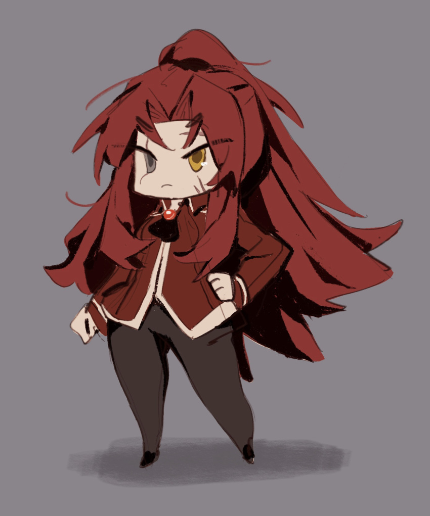 1girl as-zero ascot black_ascot black_pants chibi closed_mouth coat gebura_(project_moon) grey_background grey_eyes heterochromia high_ponytail highres library_of_ruina long_hair long_sleeves pants parted_bangs project_moon red_coat red_hair scar scar_on_face sidelocks simple_background solo very_long_hair yellow_eyes